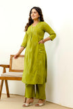 Green Front Pleat Kurta Set with Palazzo and Dupatta