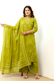 Green Front Pleat Kurta Set with Palazzo and Dupatta