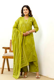 Green Front Pleat Kurta Set with Palazzo and Dupatta