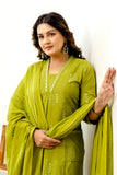 Green Front Pleat Kurta Set with Palazzo and Dupatta