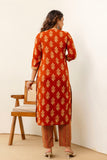 Rust Motif Print Cotton Kurta Set with Trousers and Dupatta