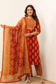 Rust Motif Print Cotton Kurta Set with Trousers and Dupatta
