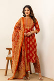 Rust Motif Print Cotton Kurta Set with Trousers and Dupatta