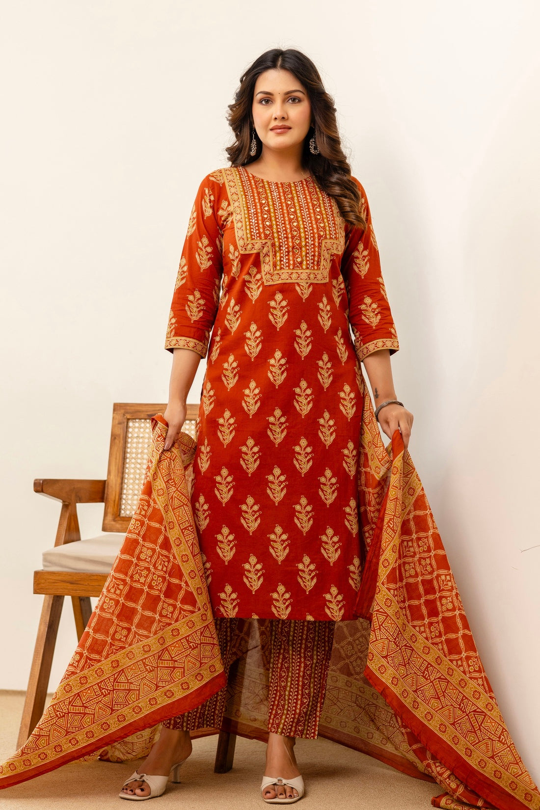 Rust Motif Print Cotton Kurta Set with Trousers and Dupatta