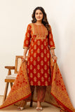 Rust Motif Print Cotton Kurta Set with Trousers and Dupatta