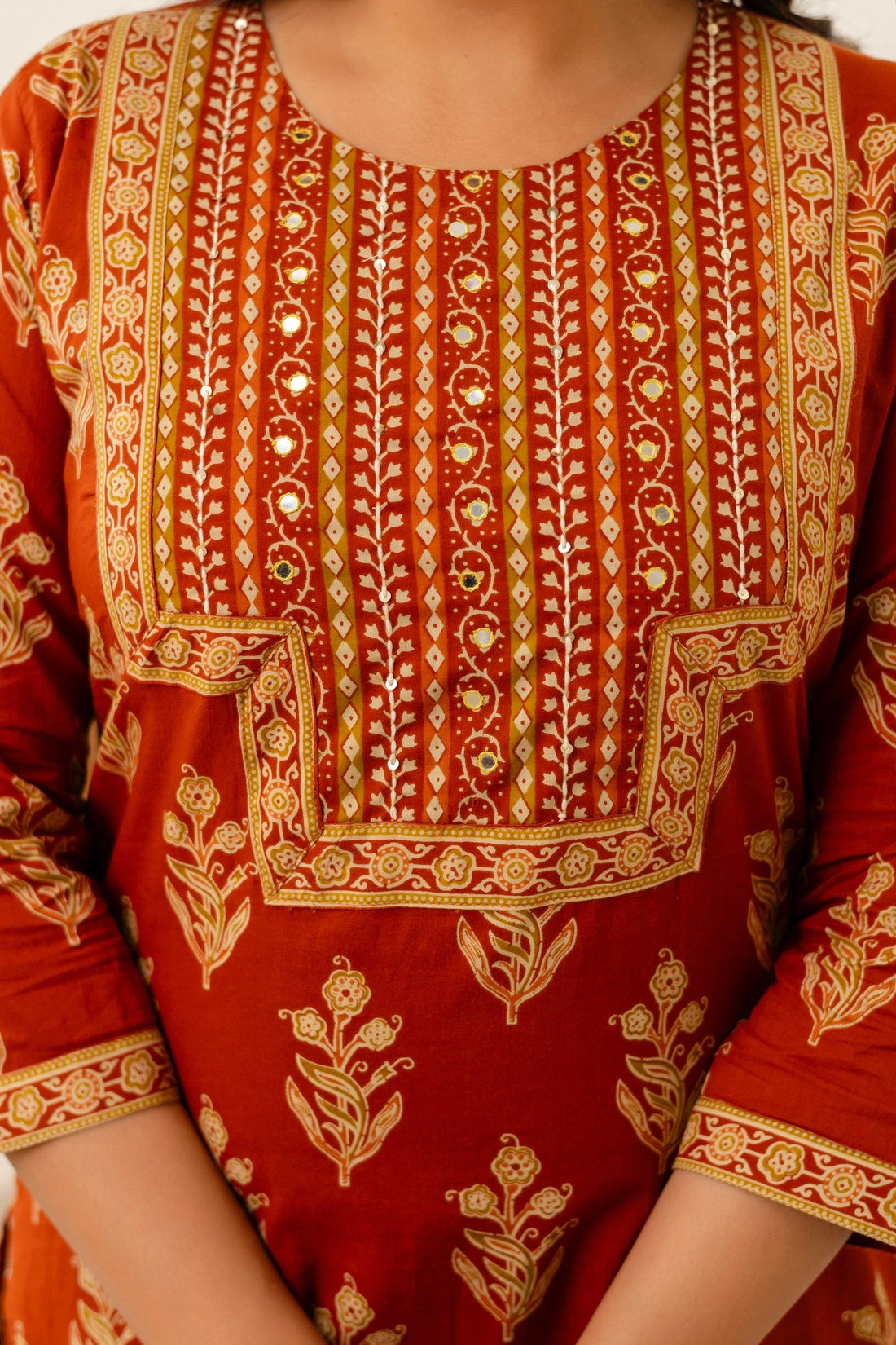 Rust Motif Print Cotton Kurta Set with Trousers and Dupatta