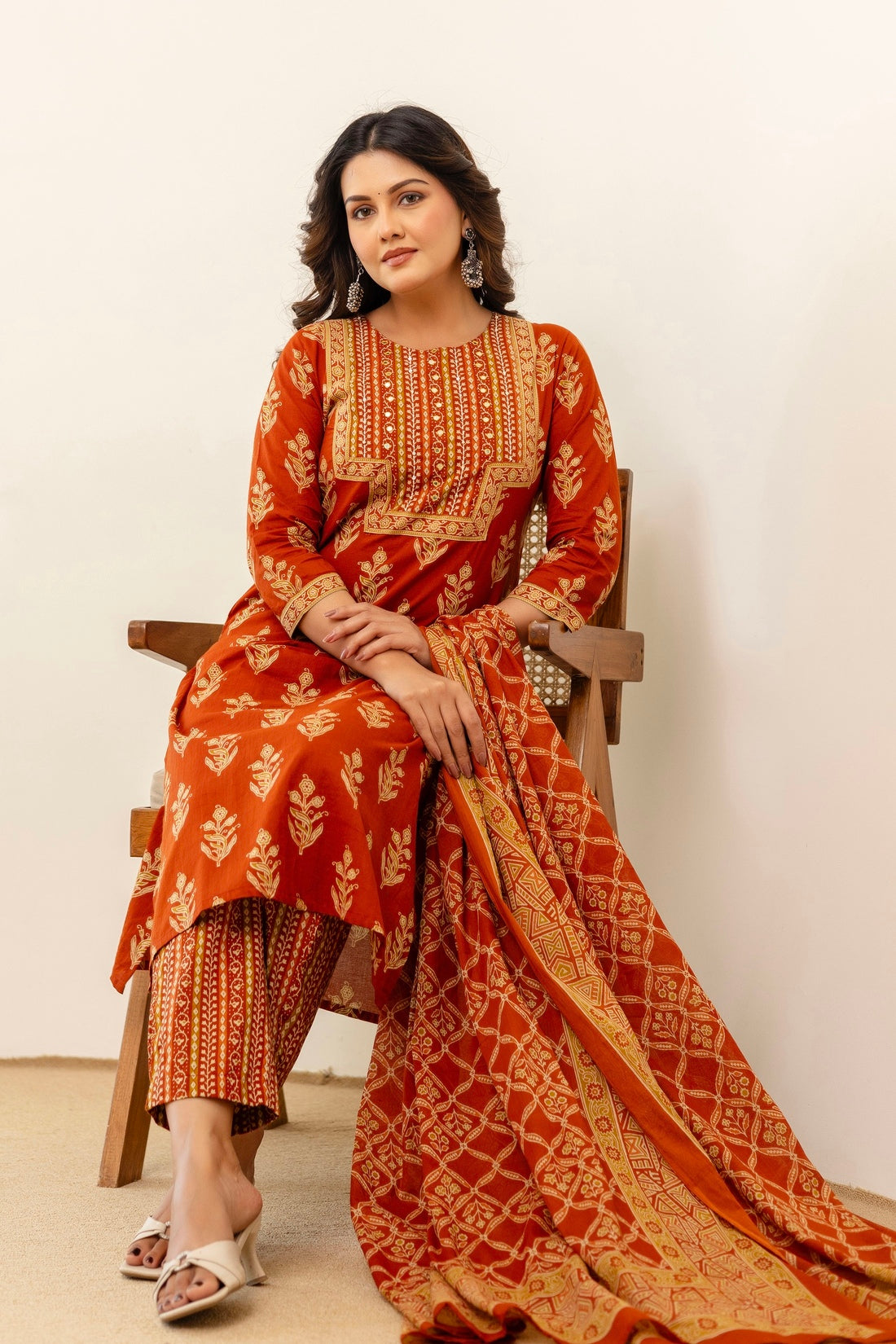 Rust Motif Print Cotton Kurta Set with Trousers and Dupatta