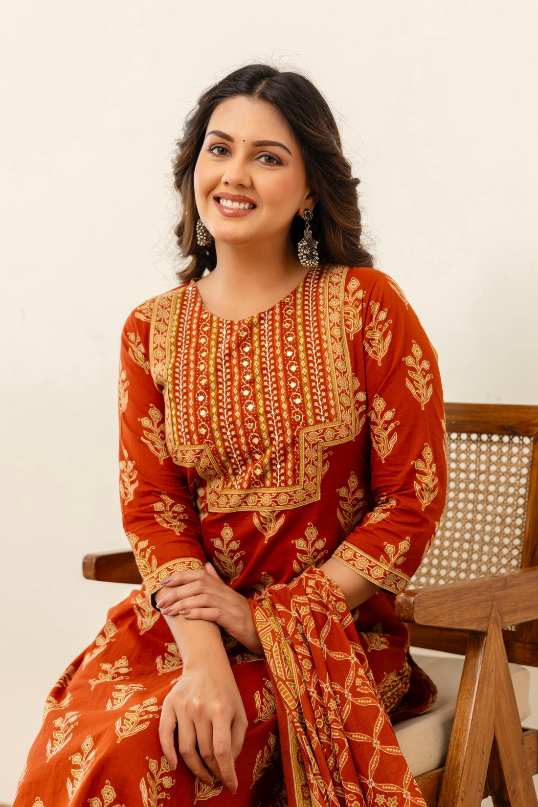 Rust Motif Print Cotton Kurta Set with Trousers and Dupatta