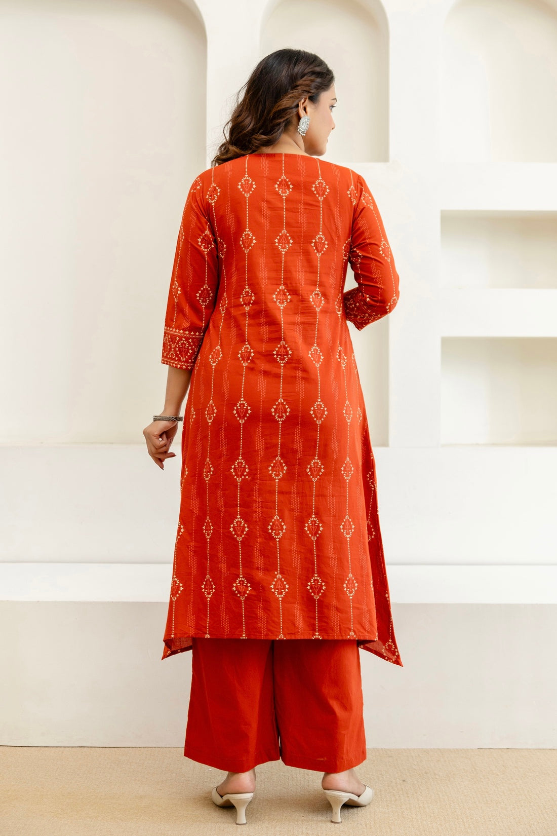 Rust Assymetric Hem A-line Suit Set with Palazzos and Dupatta