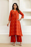 Rust Assymetric Hem A-line Suit Set with Palazzos and Dupatta