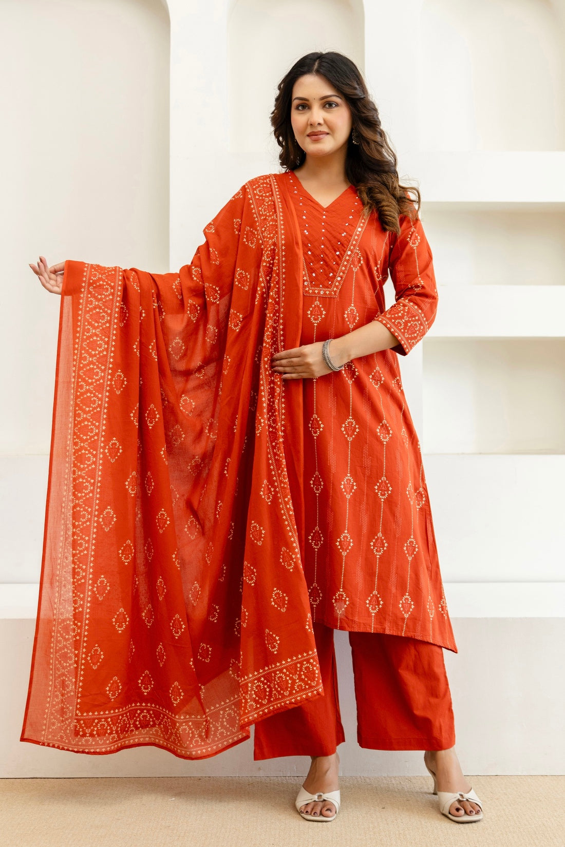 Rust Assymetric Hem A-line Suit Set with Palazzos and Dupatta