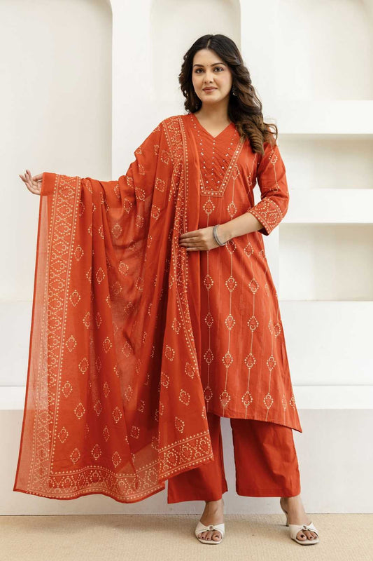 Rust Assymetric Hem A-line Suit Set with Palazzos and Dupatta