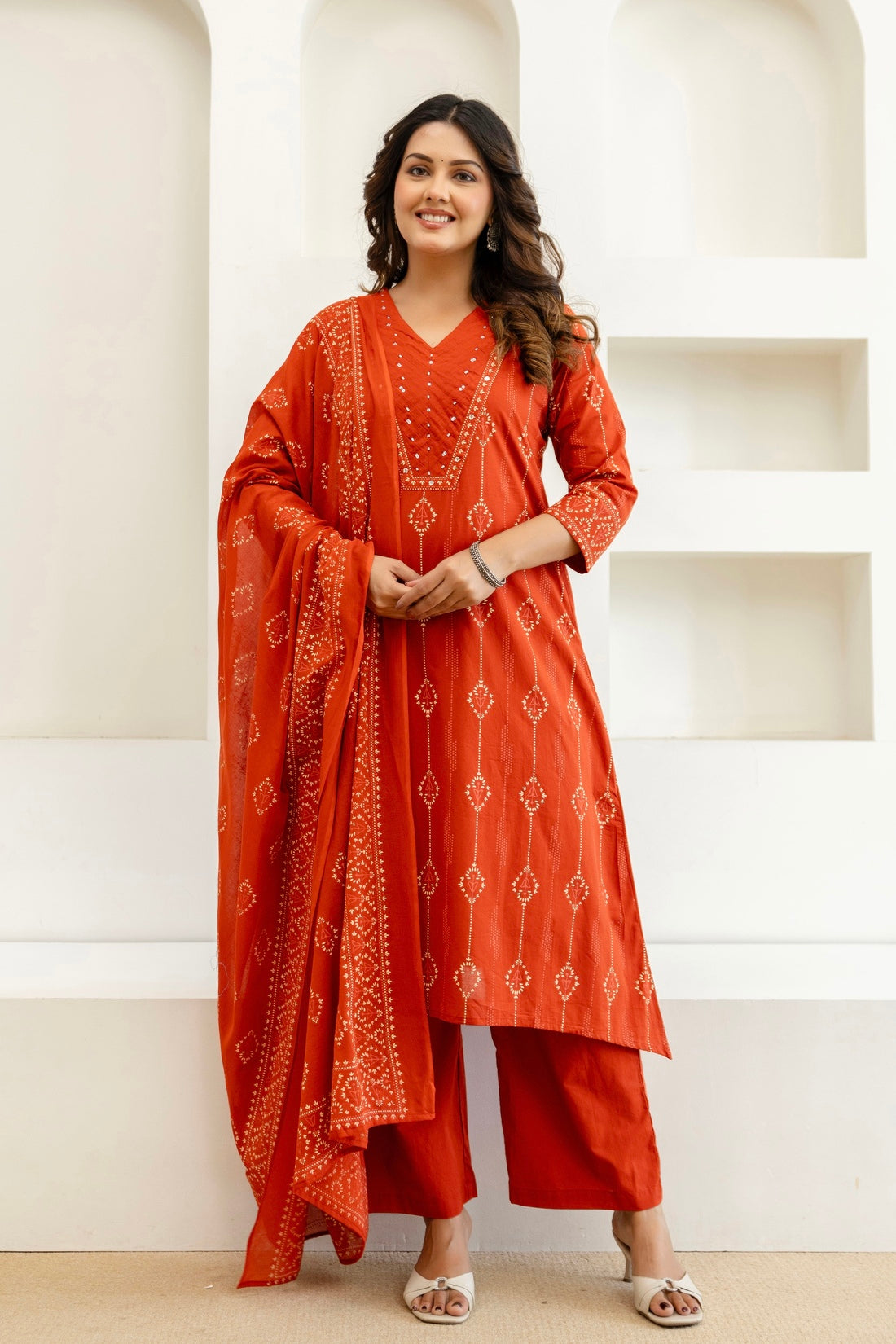 Rust Assymetric Hem A-line Suit Set with Palazzos and Dupatta