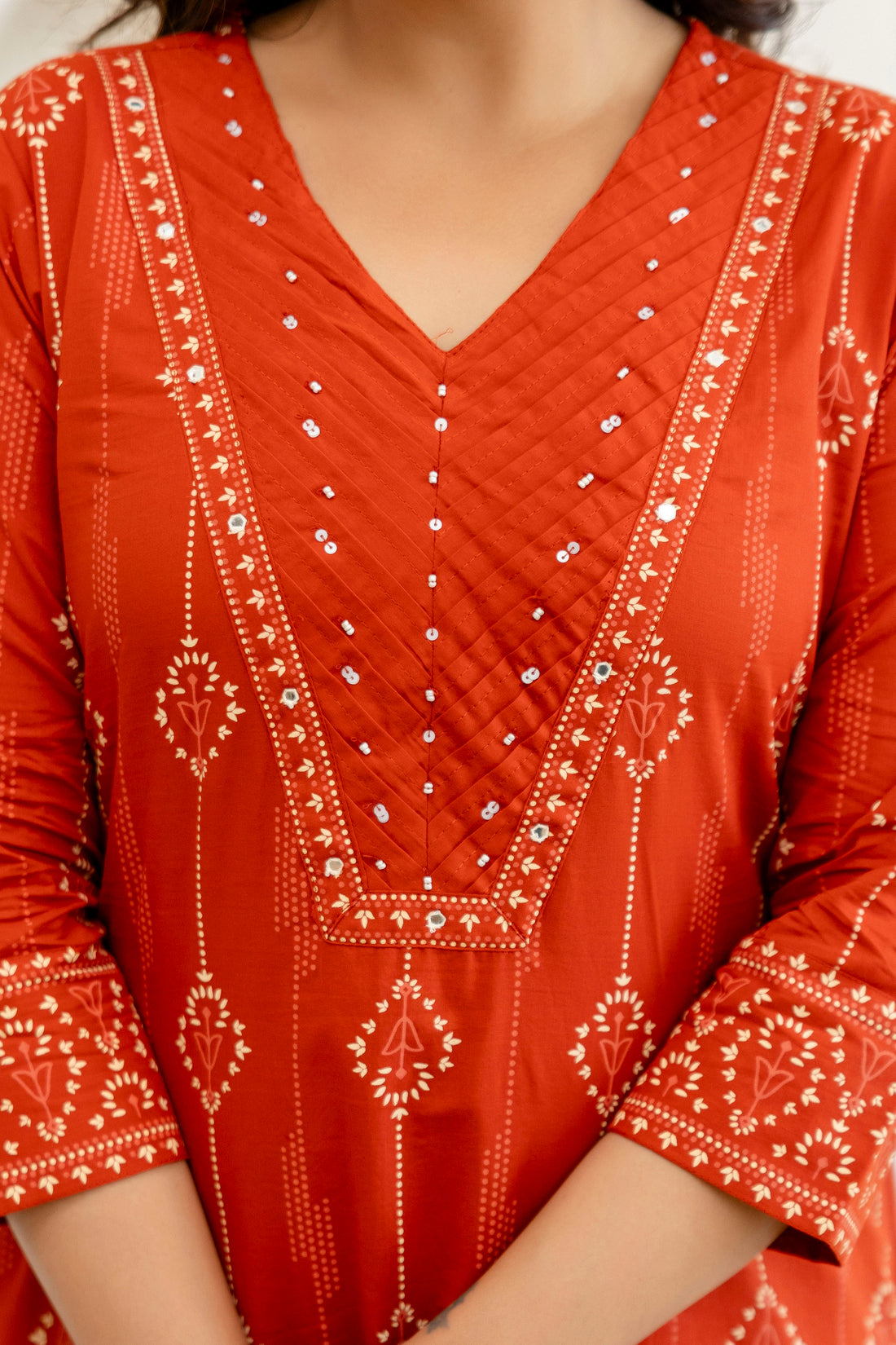 Rust Assymetric Hem A-line Suit Set with Palazzos and Dupatta
