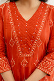 Rust Assymetric Hem A-line Suit Set with Palazzos and Dupatta