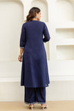 Navy Embroidery Yoke Cotton Kurta Set with Palazzos and Dupatta