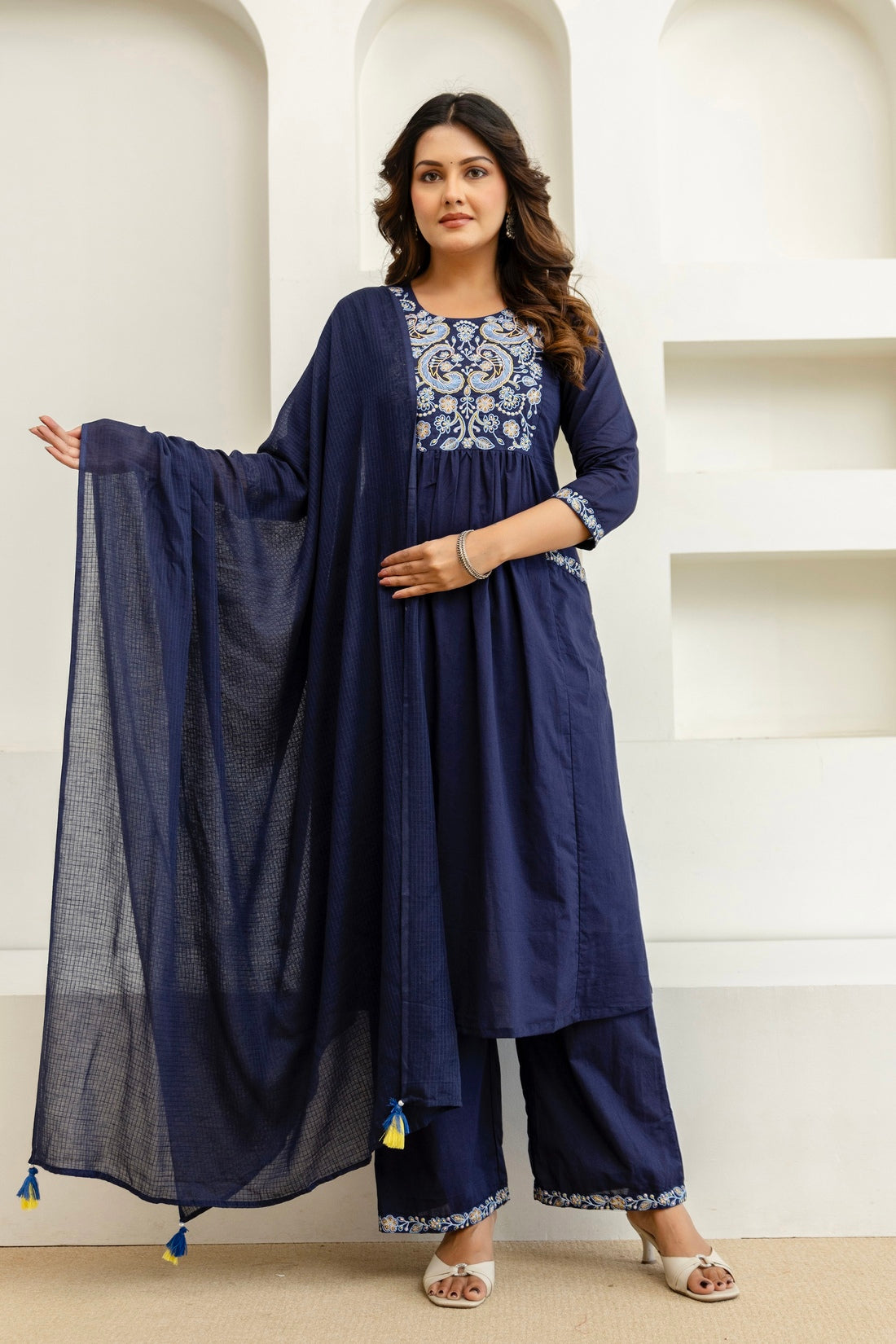 Navy Embroidery Yoke Cotton Kurta Set with Palazzos and Dupatta