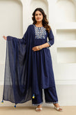 Navy Embroidery Yoke Cotton Kurta Set with Palazzos and Dupatta