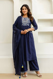 Navy Embroidery Yoke Cotton Kurta Set with Palazzos and Dupatta