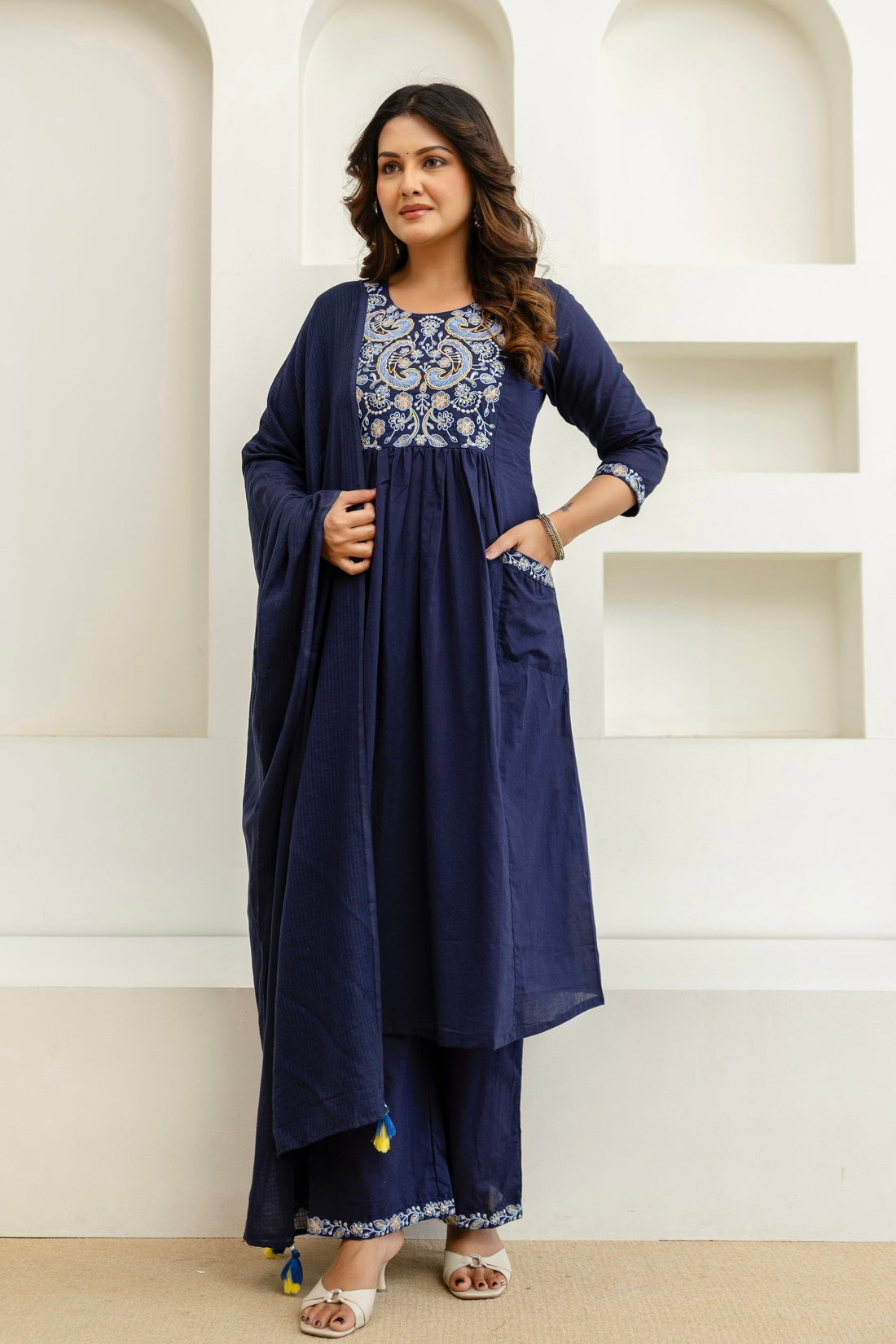 Navy Embroidery Yoke Cotton Kurta Set with Palazzos and Dupatta