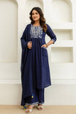 Navy Embroidery Yoke Cotton Kurta Set with Palazzos and Dupatta