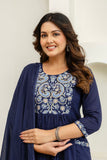 Navy Embroidery Yoke Cotton Kurta Set with Palazzos and Dupatta