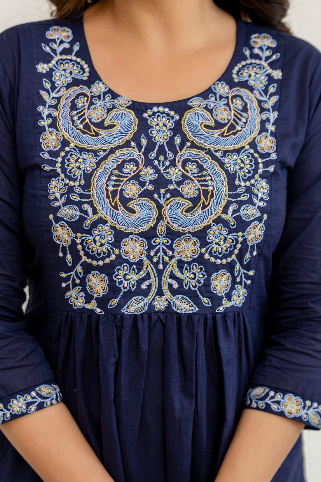 Navy Embroidery Yoke Cotton Kurta Set with Palazzos and Dupatta