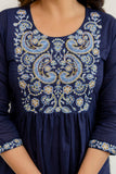 Navy Embroidery Yoke Cotton Kurta Set with Palazzos and Dupatta