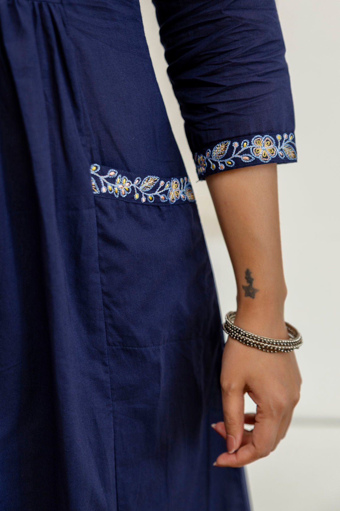 Navy Embroidery Yoke Cotton Kurta Set with Palazzos and Dupatta