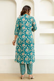 Teal Floral Cotton Kurta Set with Trousers and Dupatta