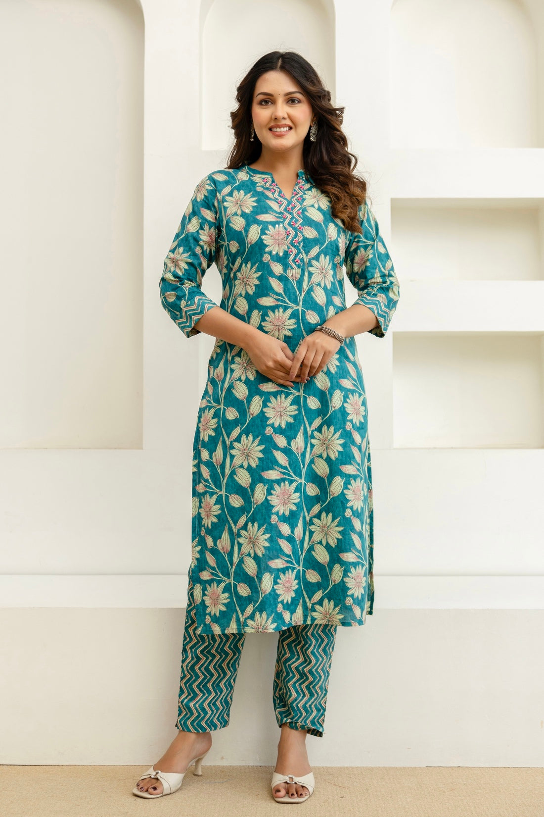 Teal Floral Cotton Kurta Set with Trousers and Dupatta