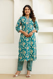 Teal Floral Cotton Kurta Set with Trousers and Dupatta