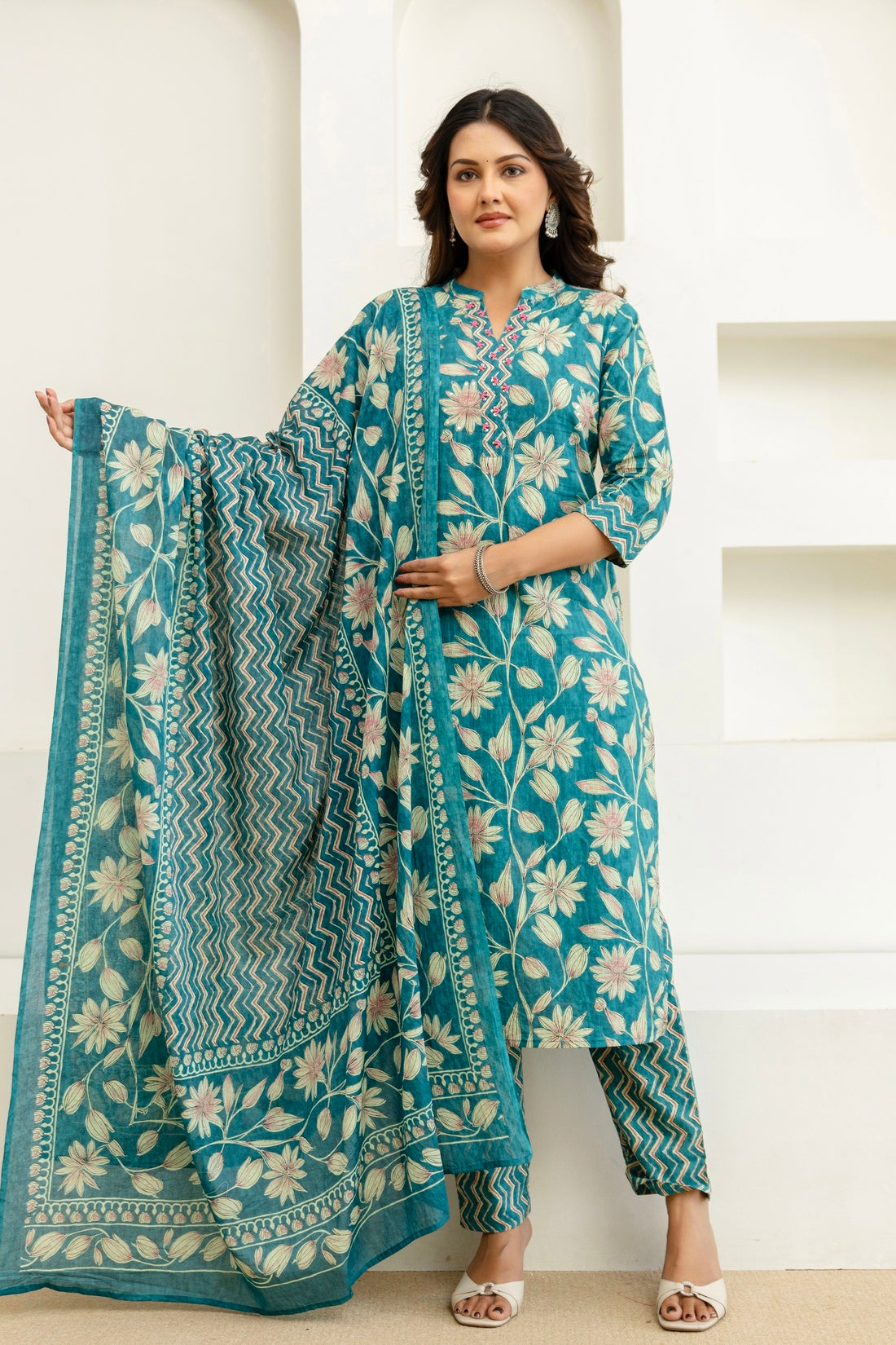 Teal Floral Cotton Kurta Set with Trousers and Dupatta
