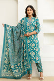 Teal Floral Cotton Kurta Set with Trousers and Dupatta