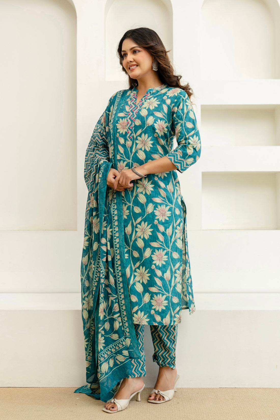 Teal Floral Cotton Kurta Set with Trousers and Dupatta