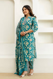 Teal Floral Cotton Kurta Set with Trousers and Dupatta