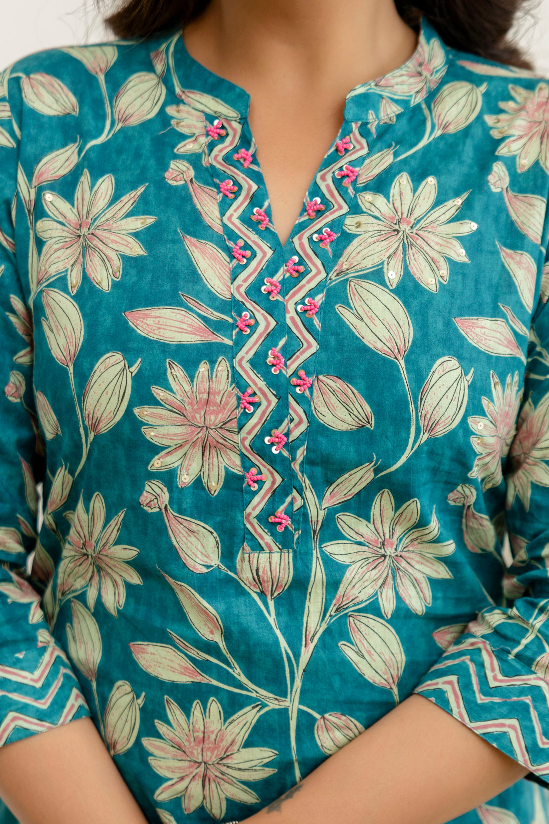 Teal Floral Cotton Kurta Set with Trousers and Dupatta