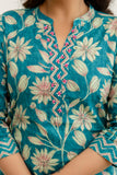 Teal Floral Cotton Kurta Set with Trousers and Dupatta