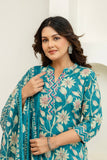Teal Floral Cotton Kurta Set with Trousers and Dupatta