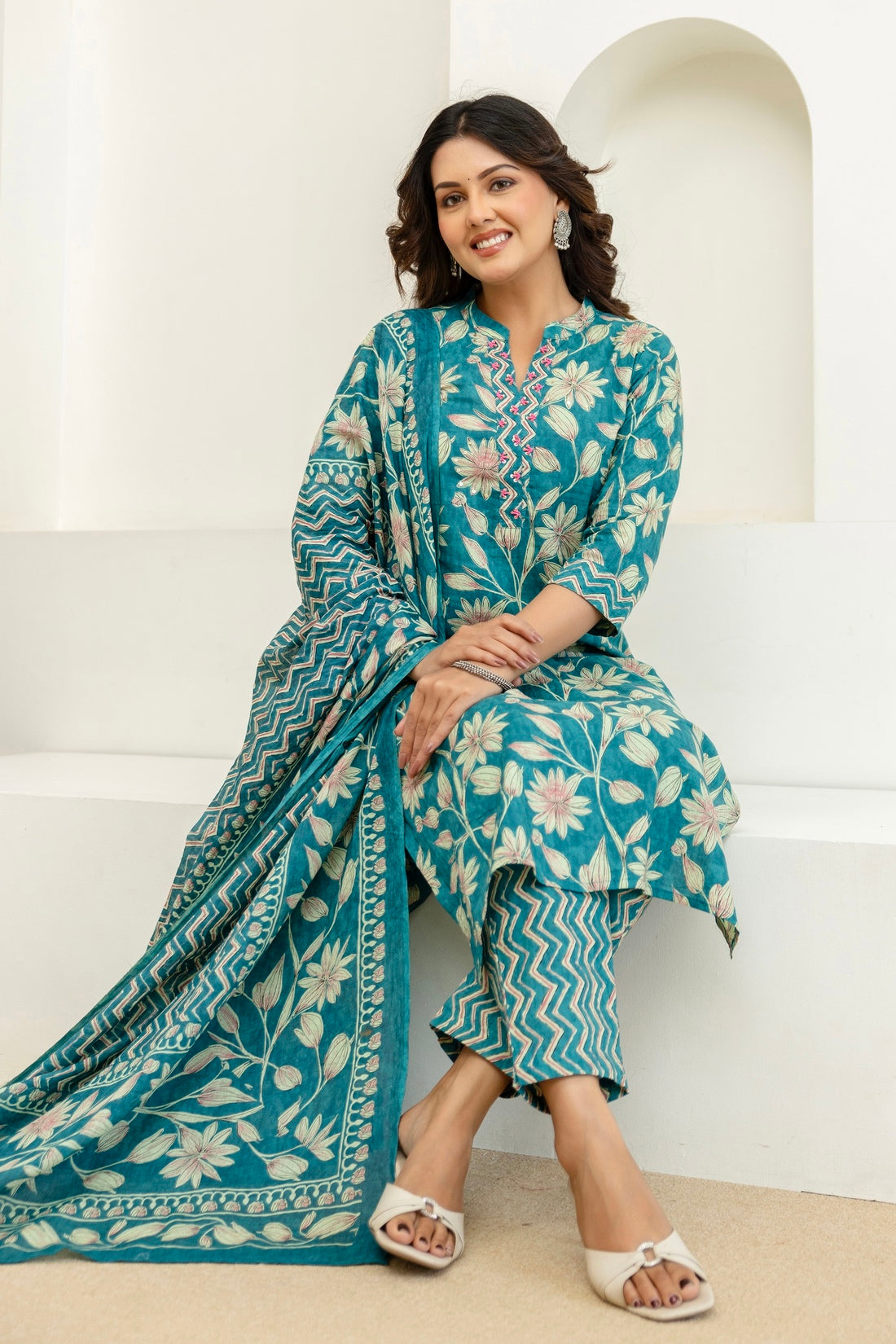 Teal Floral Cotton Kurta Set with Trousers and Dupatta