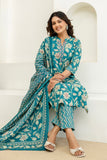 Teal Floral Cotton Kurta Set with Trousers and Dupatta