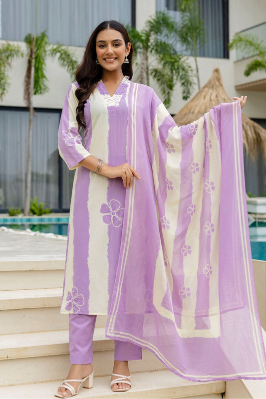 Purple and Off White Color Blocked Kurta Set with Trousers and Dupatta