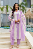 Purple and Off White Color Blocked Kurta Set with Trousers and Dupatta