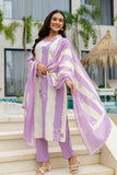 Purple and Off White Color Blocked Kurta Set with Trousers and Dupatta