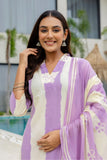 Purple and Off White Color Blocked Kurta Set with Trousers and Dupatta