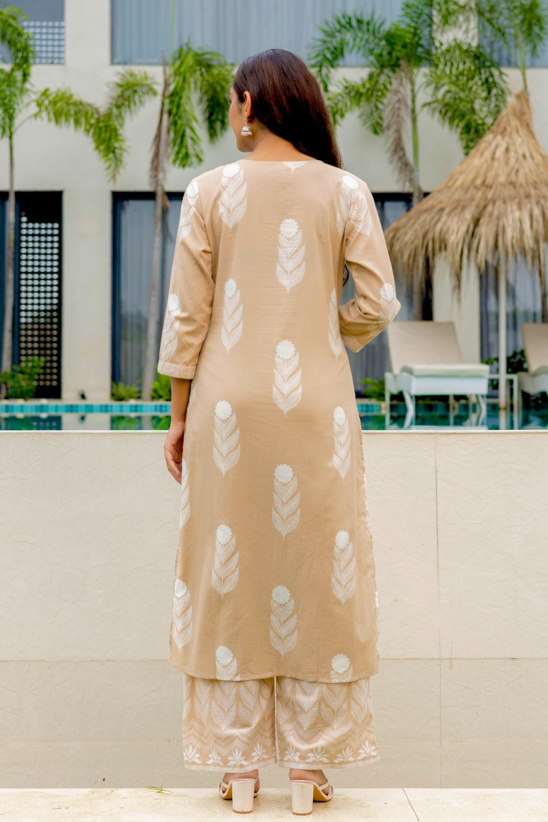 Beige Motif Print Plackett Highlight Kurta Set with Palazzo Pants and Dupatta