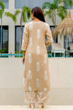 Beige Motif Print Plackett Highlight Kurta Set with Palazzo Pants and Dupatta