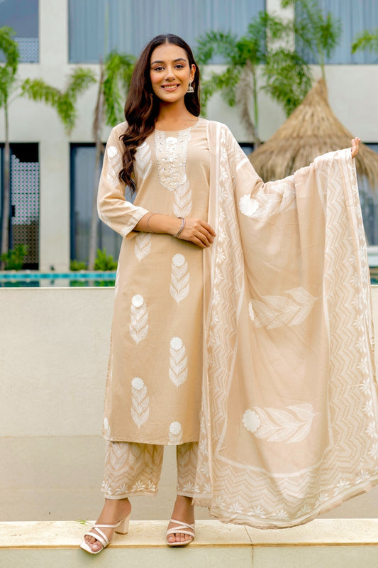 Beige Motif Print Plackett Highlight Kurta Set with Palazzo Pants and Dupatta