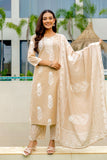 Beige Motif Print Plackett Highlight Kurta Set with Palazzo Pants and Dupatta