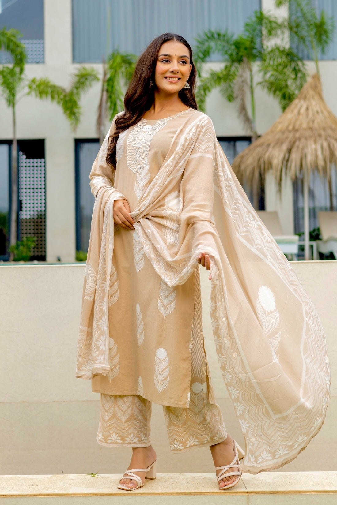 Beige Motif Print Plackett Highlight Kurta Set with Palazzo Pants and Dupatta